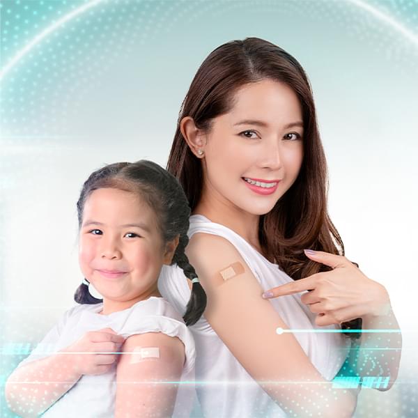 A young woman receiving a vaccine injection, symbolizing the commitment to health and safety, with various vaccine vials in the background.